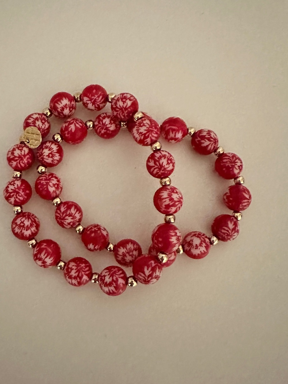 Talbots Red Floral Beaded Stretch Bracelet Trio with Gold Accents
